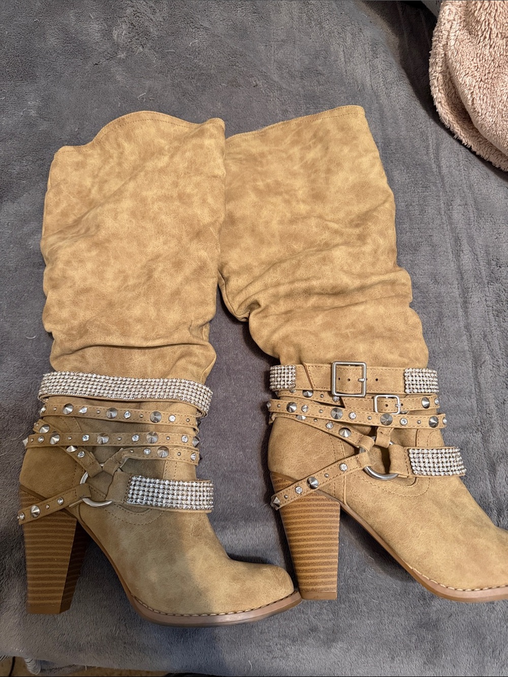 Womens Taupe Suede High Heel Slouch Boots with Studded Straps